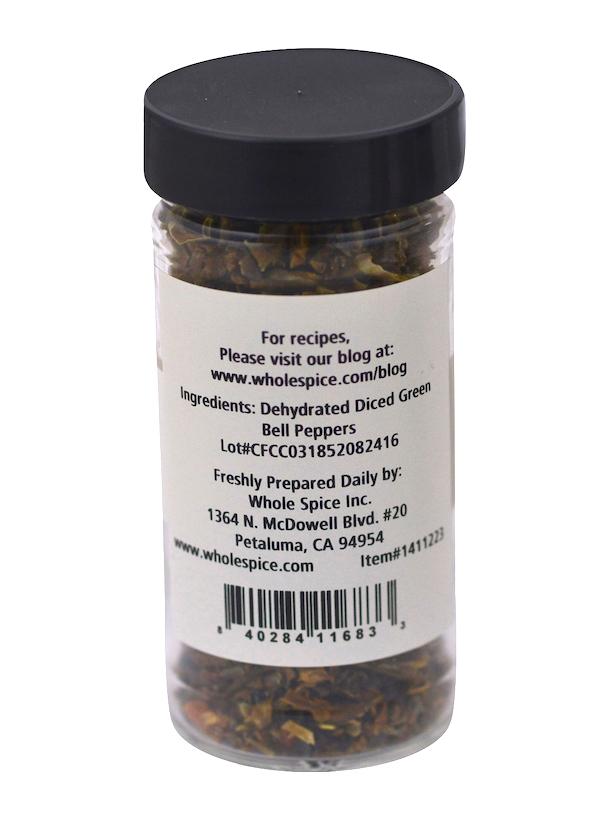 A jar of Whole Spice Inc. Roasted Green Bell Pepper Diced, perfect for adding a burst of flavor to your favorite dishes.