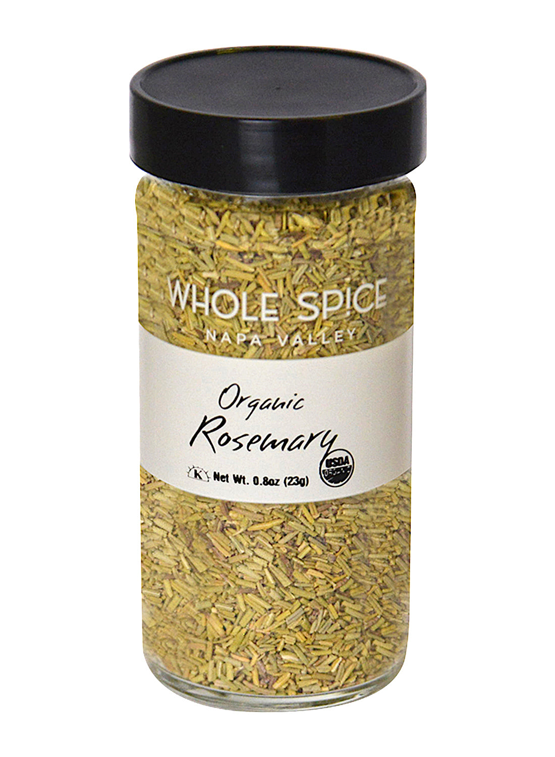 A clear glass jar with a black lid, labeled Whole Spice Inc. Rosemary Organic. This Mediterranean herb contains dried rosemary leaves (0.8 oz/23g). The USDA organic logo appears on the label.