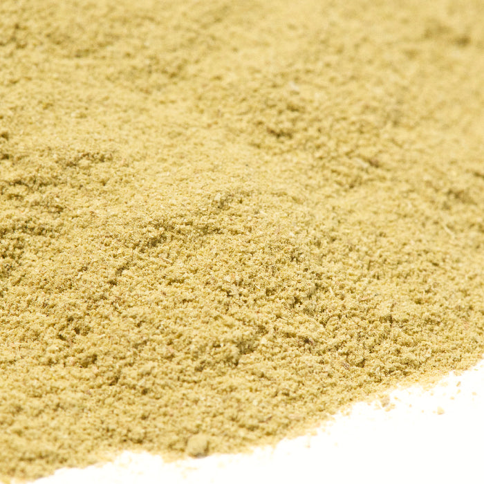 A close-up of Whole Spice Inc. Rosemary Powder spread on a white surface highlights its fine, grainy texture and light yellow-green color, showcasing this premium Mediterranean herb.