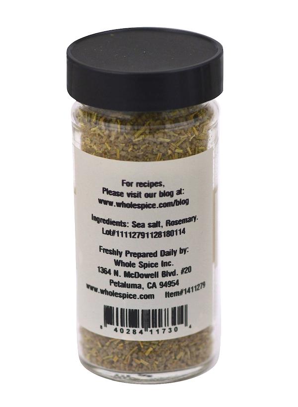 Whole Spice Inc. Rosemary Salt is a gourmet flavored salt in a labeled jar, perfect for adding an aromatic, savory touch to your kitchen dishes.