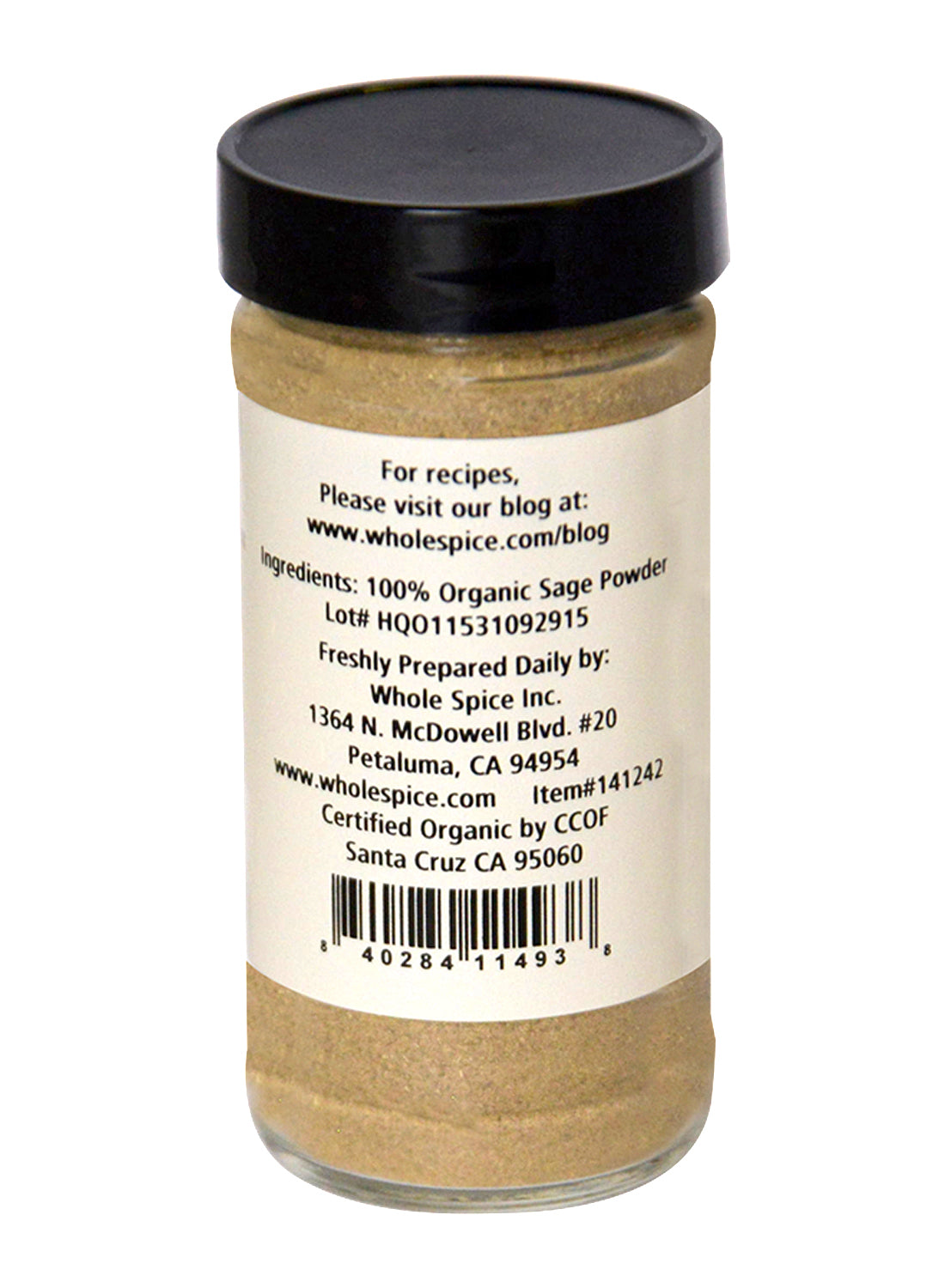 A glass jar of Sage Powder Organic by Whole Spice Inc. with a black lid and a tan label listing ingredients, preparation, certification, website, and barcode—a classic herb for Mediterranean cooking.