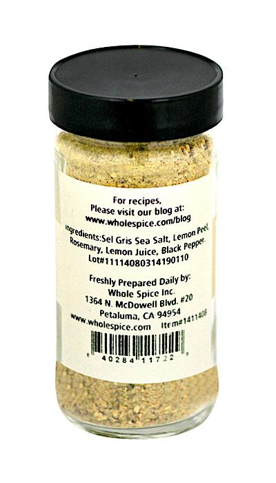 A bottle of Whole Spice Inc. Rosemary Lemon Salt, this gourmet sea salt enhances any dish with its bright citrus and herbal flavors.