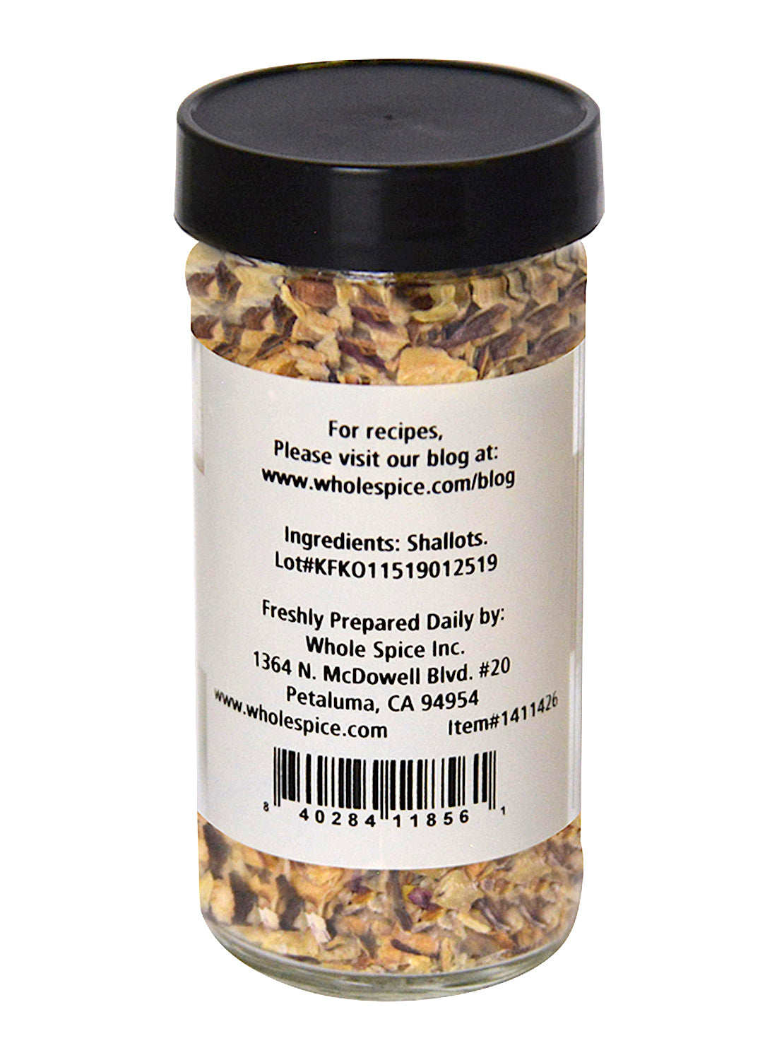 A clear spice jar with a black lid holds freeze dried shallots from Whole Spice Inc. The label lists shallots as the ingredient and includes brand details—ideal for your cooking needs.