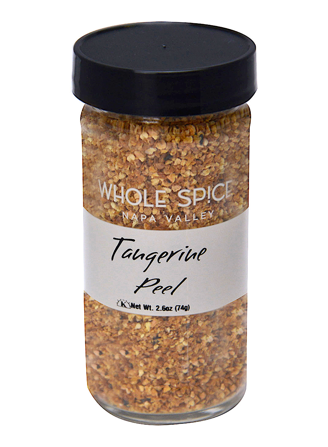 A clear glass jar with a black lid from Whole Spice Inc. contains Tangerine Peel granules for a bright citrus flavor. Net weight: 2.6 oz (74g).