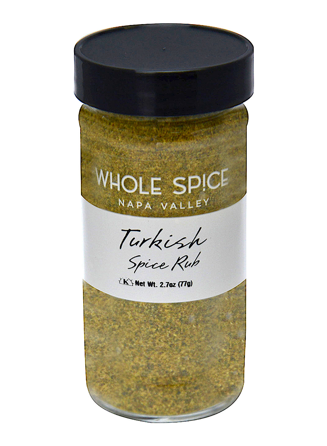 A 2.7 oz (77 g) clear glass jar of Whole Spice Inc. Turkish Spice Rub with a black lid, filled with yellowish-green seasoning—ideal for Turkish dishes or adding bold flavor to shish kebab.