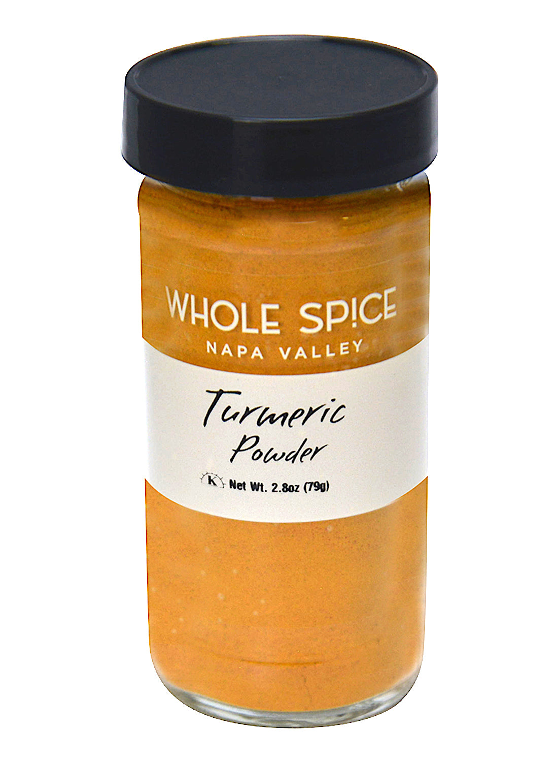 A 2.8 oz (79g) glass jar of Whole Spice Inc. Turmeric Powder with a black lid and white label. This bright orange-yellow spice enhances flavor and color in curry powder and Indian dishes.