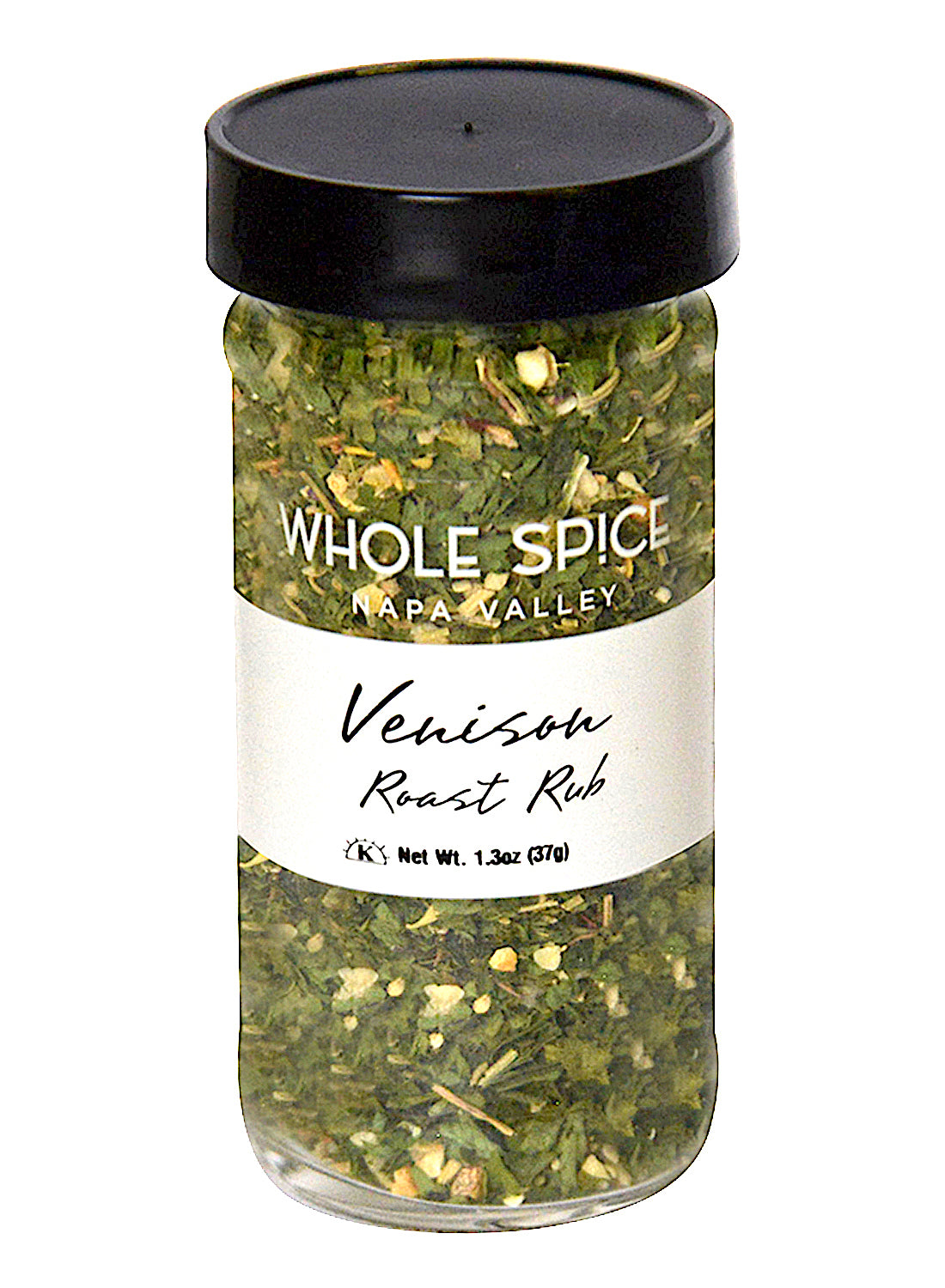 A clear spice jar with a black lid labeled “Whole Spice Inc. Venison Roast Seasoning, Net Wt. 1.3 oz (37g)” contains green and yellow spices—ideal for crock pot meals and hearty stews.