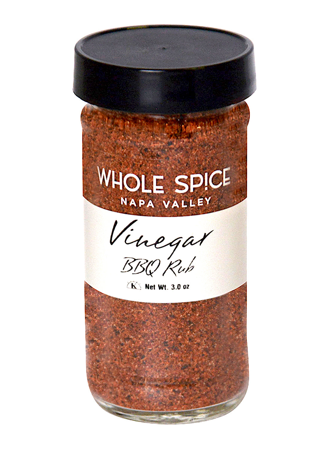 A 3.0 oz glass jar labeled Whole Spice Inc. Vinegar BBQ Rub holds a reddish-brown blend inspired by Carolina BBQ with notes of apple cider vinegar and comes with a black plastic lid.