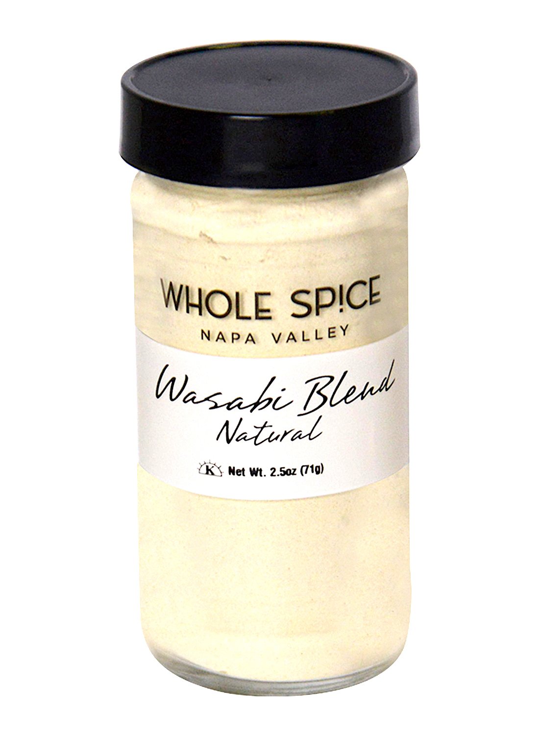 A white jar with a black lid containing Wasabi Blend Natural by Whole Spice Inc., ideal for storing sushi seasoning or your favorite Japanese condiment.