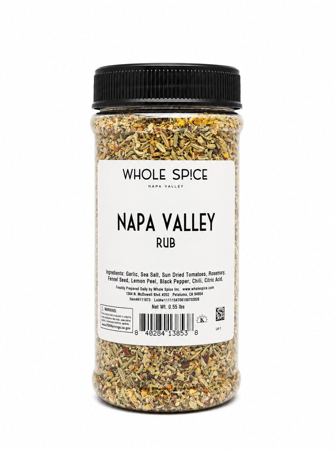 A clear plastic spice jar of Napa Valley Rub by Whole Spice Inc., filled with a vibrant blend of dried herbs and spices, features an ingredient list on the label and is topped with a black twist cap.
