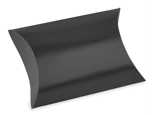 A black, empty, rectangular Whole Spice, Inc. Pillow Box with elegantly curved sides is displayed on a white background—ideal as a stylish gift box for small items or as an attractive option for sophisticated retail displays.