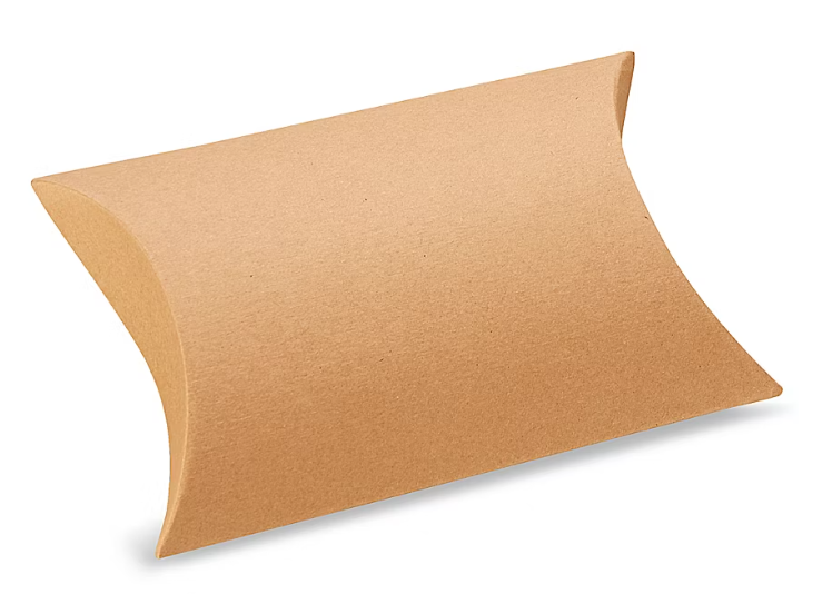 A Pillow Box by Whole Spice, Inc. is displayed on a white background; this plain, brown, rectangular cardboard box features curved sides and pointed ends and is ideal for use as a gift box or for retail display. The box is completely undecorated.
