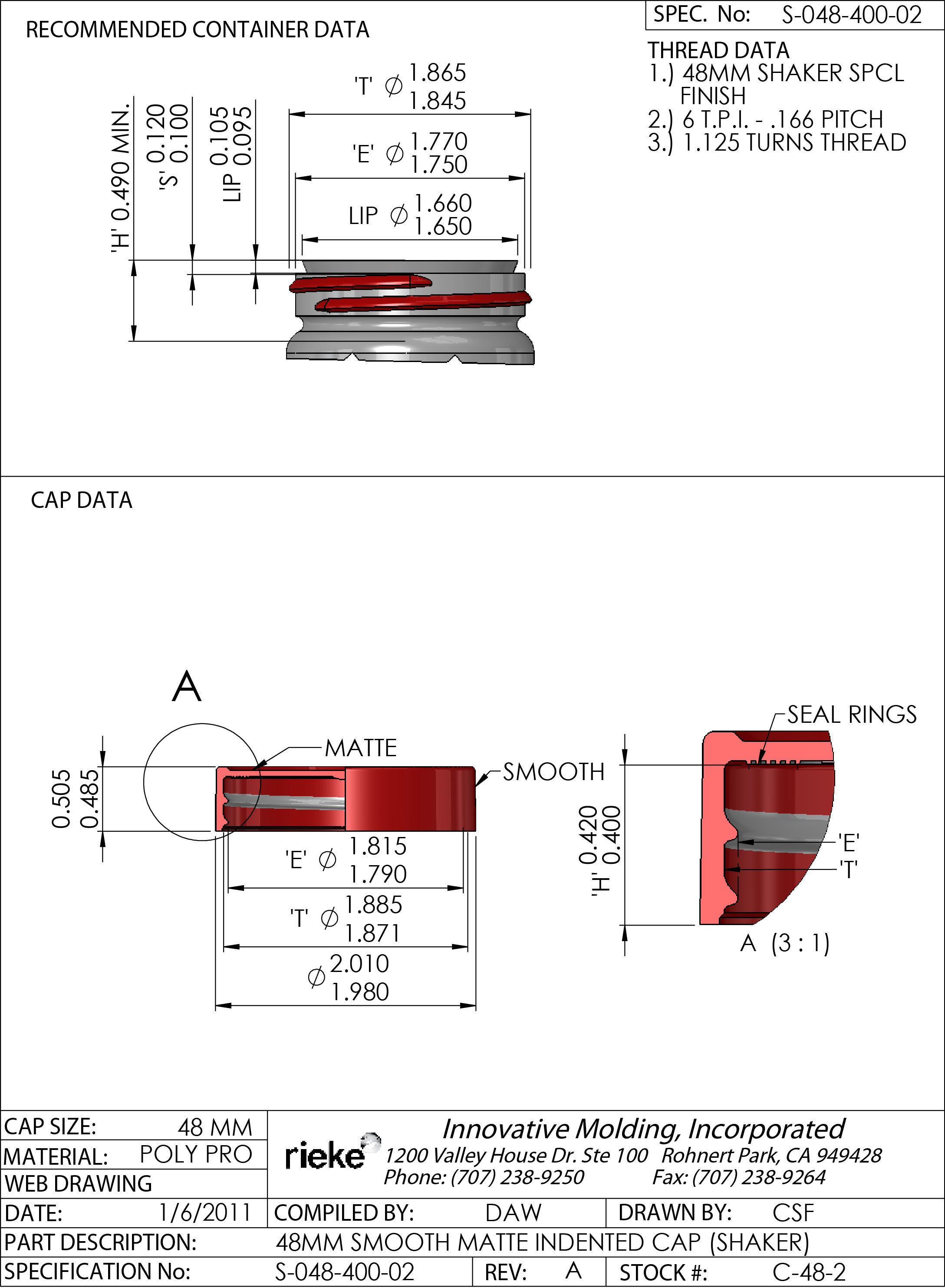 Technical drawing of Standard Black Lid for 4 oz Jar Lined by Whole Spice, Inc., with top/side views, dimensions, seal ring details, thread data, finish info, polypropylene material, and company info shown at the bottom.