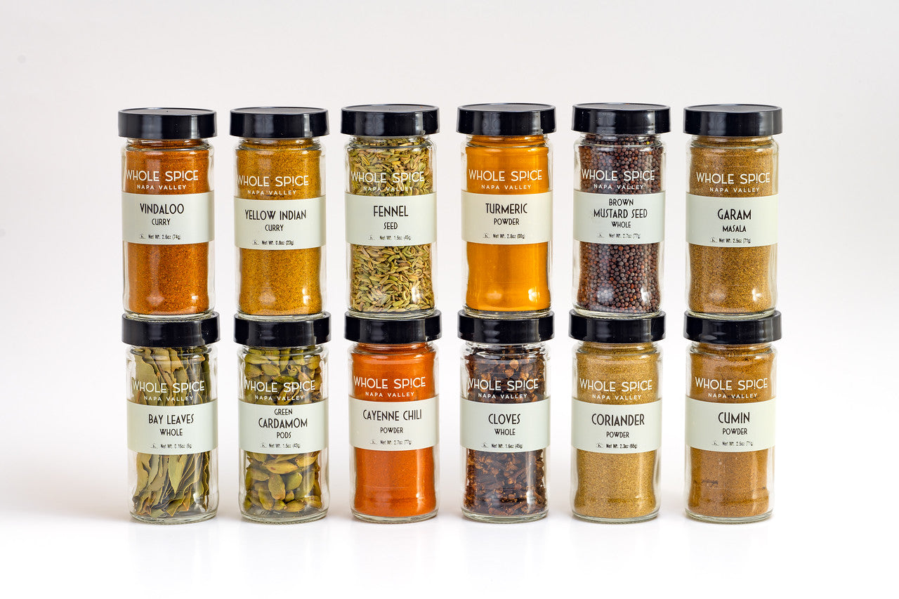 The Whole Spice Indian Jar Set by Whole Spice Inc. includes 12 popular Indian spices—such as Garam Masala, Turmeric, and Cumin—ideal for enhancing dishes or creating your own curry powder blends.