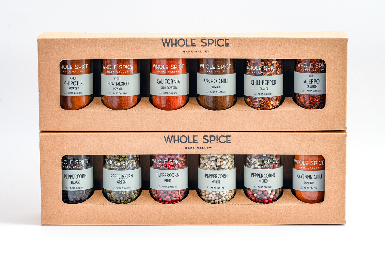 The Whole Spice Inc. Whole Spice Peppers and Chili Jar Set is an ideal spice gift set or peppercorn jar set for any kitchen.
