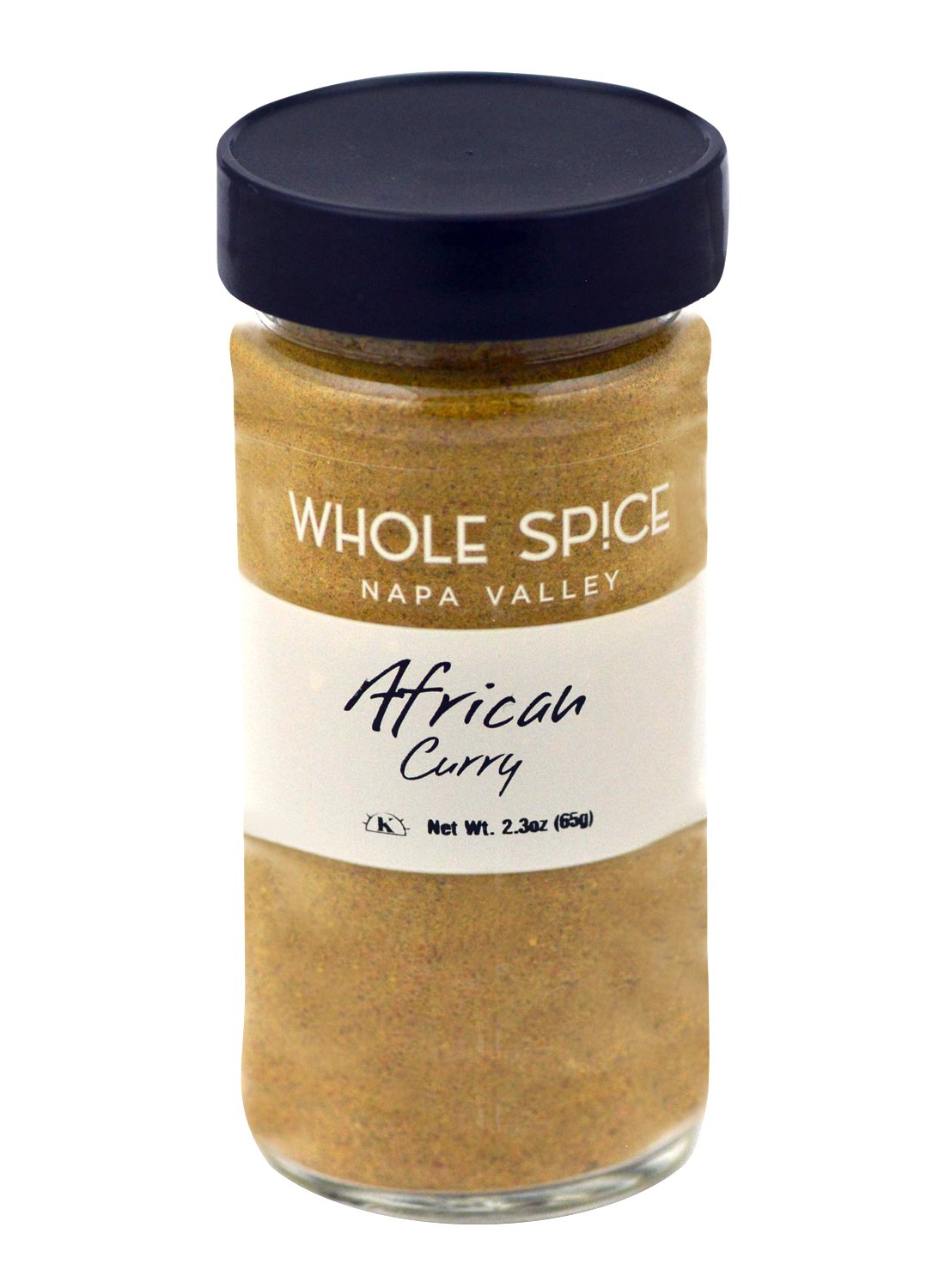 A 2.3 oz (65g) glass jar of African Curry Powder by Whole Spice Inc., with black lid and white label, brings bold curry flavors to Indian dishes.