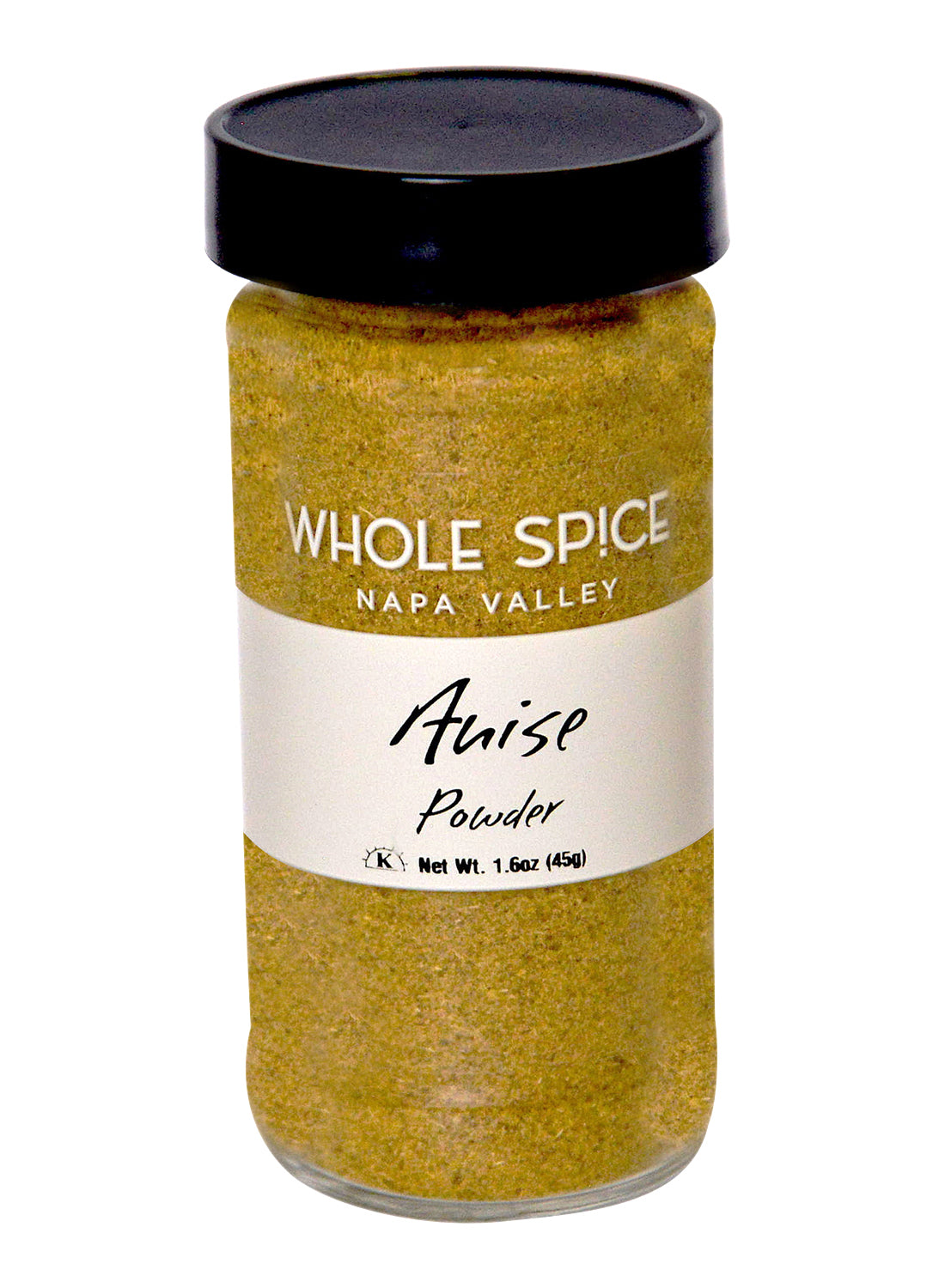 A glass jar of Whole Spice Inc. Anise Powder with a black lid and white label contains light brown powder known for its sweet licorice flavor, popular in Middle Eastern cuisine.