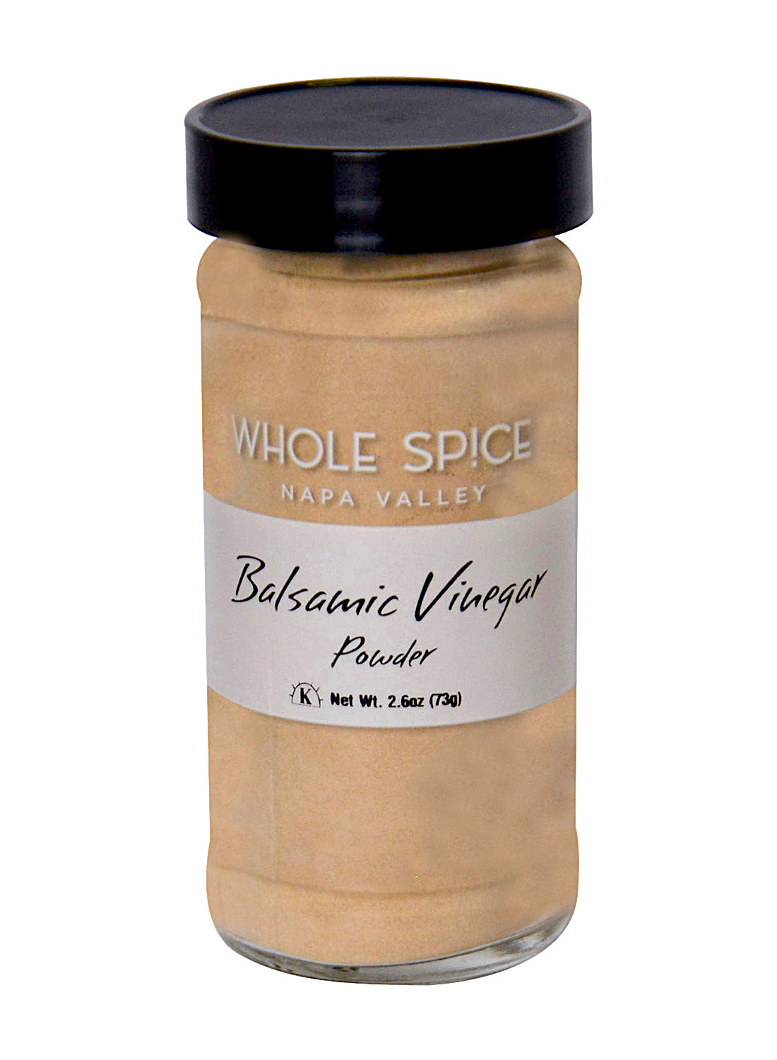 Whole Spice Inc. Balsamic Vinegar Powder comes in a clear glass jar with a black lid (2.6 oz/73g), perfect for adding bold flavor to dressings, marinades, and more.
