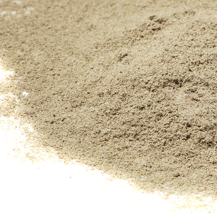 A close-up of a mound of fine, light brown Black Cardamom Powder by Whole Spice Inc. spread on a white surface.