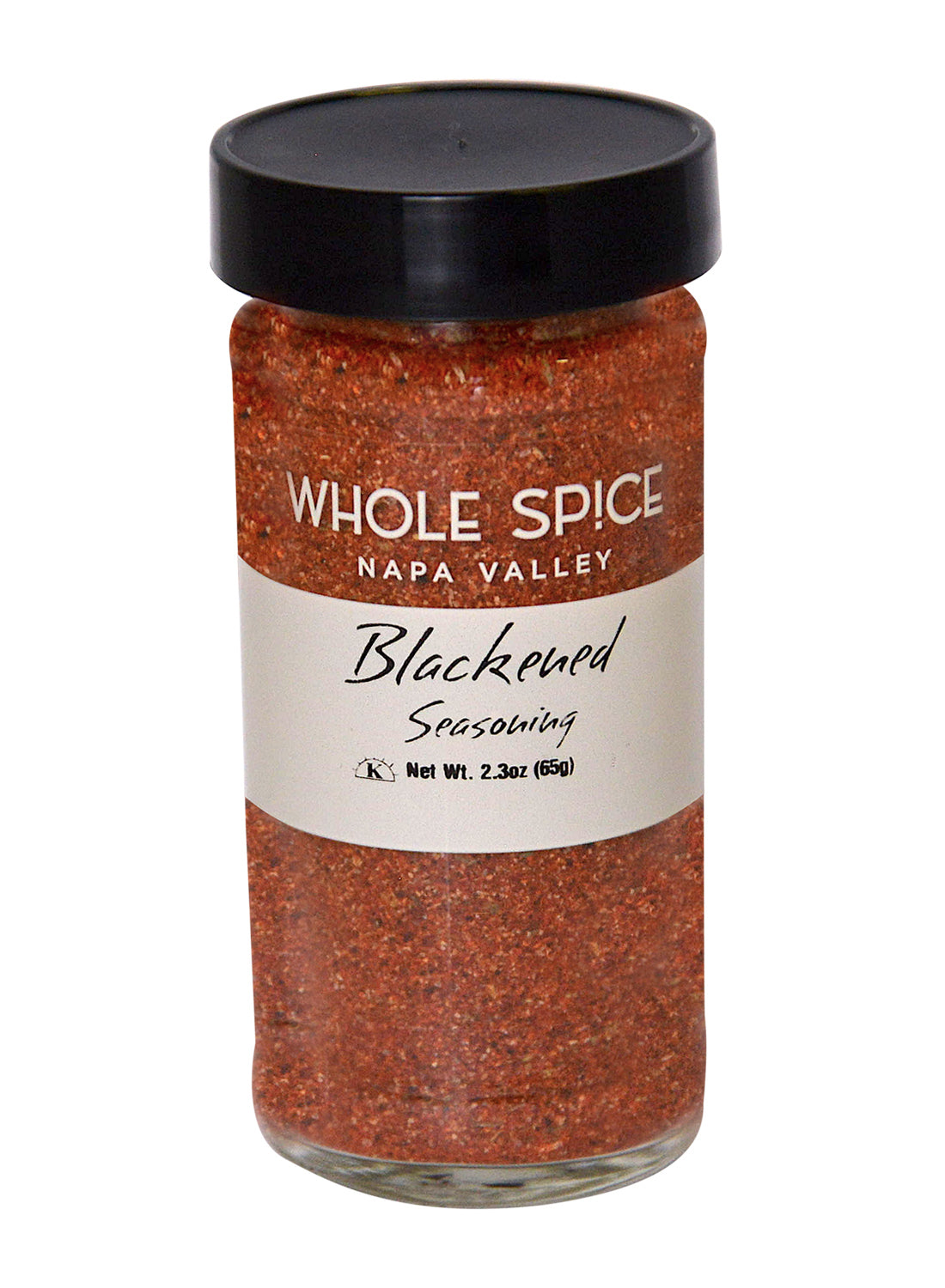 A glass jar of Whole Spice Inc. Blackened Seasoning with a black lid and beige label displays the brand, product name, and 2.3 oz (65g) net weight—ideal for Louisiana-style dishes or blackened salmon.