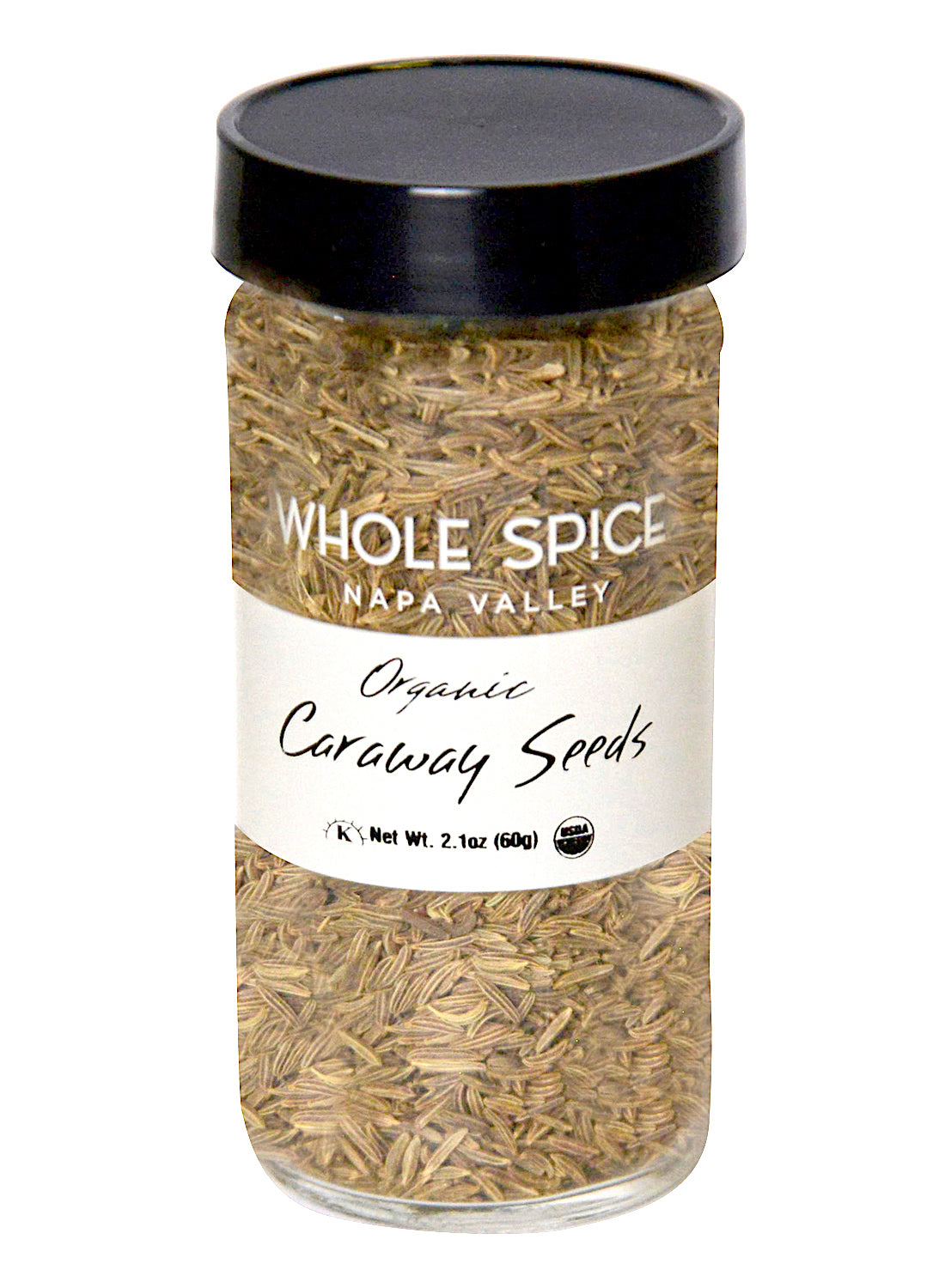 A clear glass jar with a black lid, labeled Whole Spice Inc. Caraway Seeds Organic, filled with light brown organic seeds ideal for rye bread. Net weight: 2.1 oz (60g).