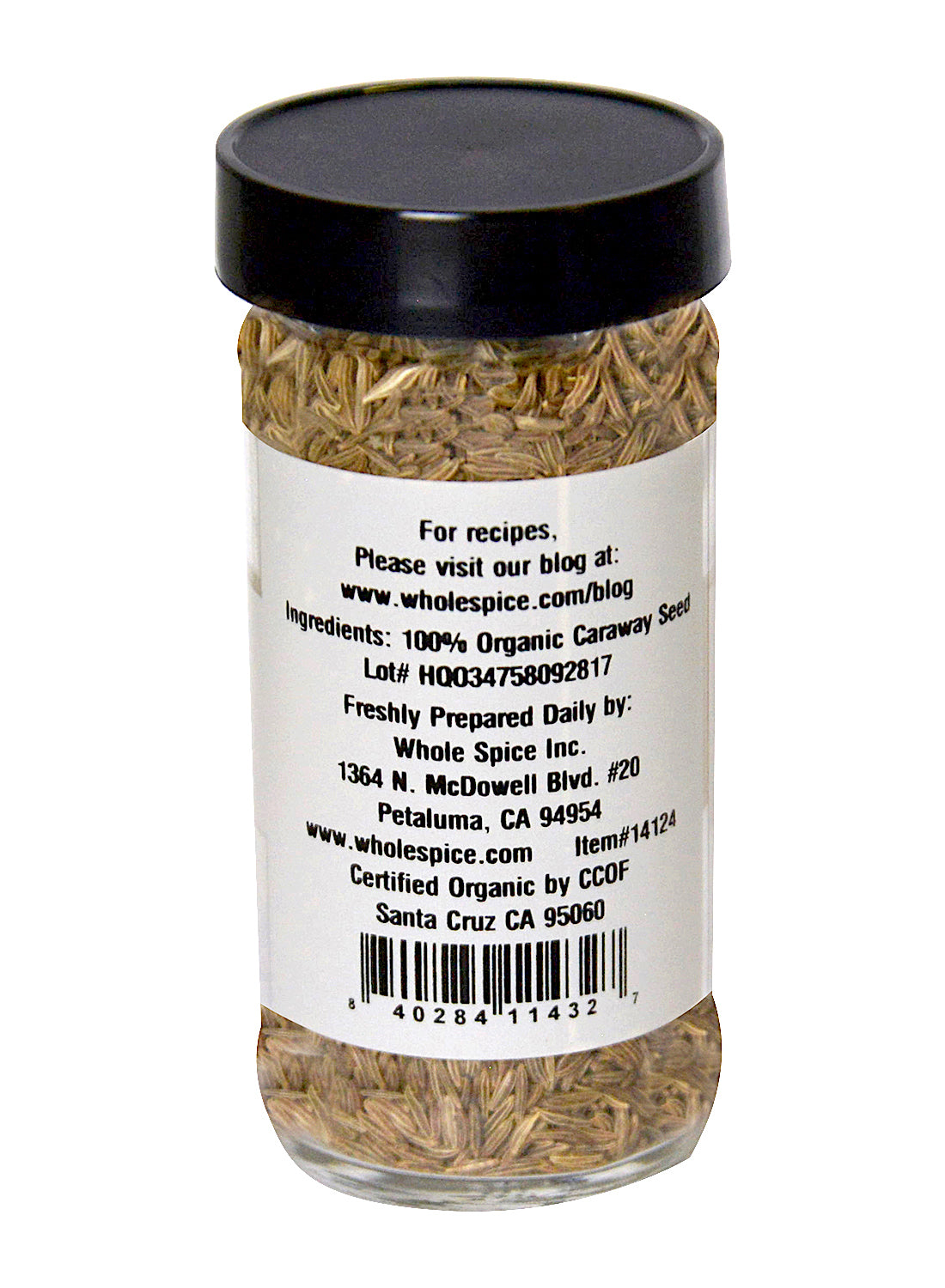 A jar of Whole Spice Inc. Caraway Seeds Organic, ideal for adding aromatic flavor to your rye bread recipes.