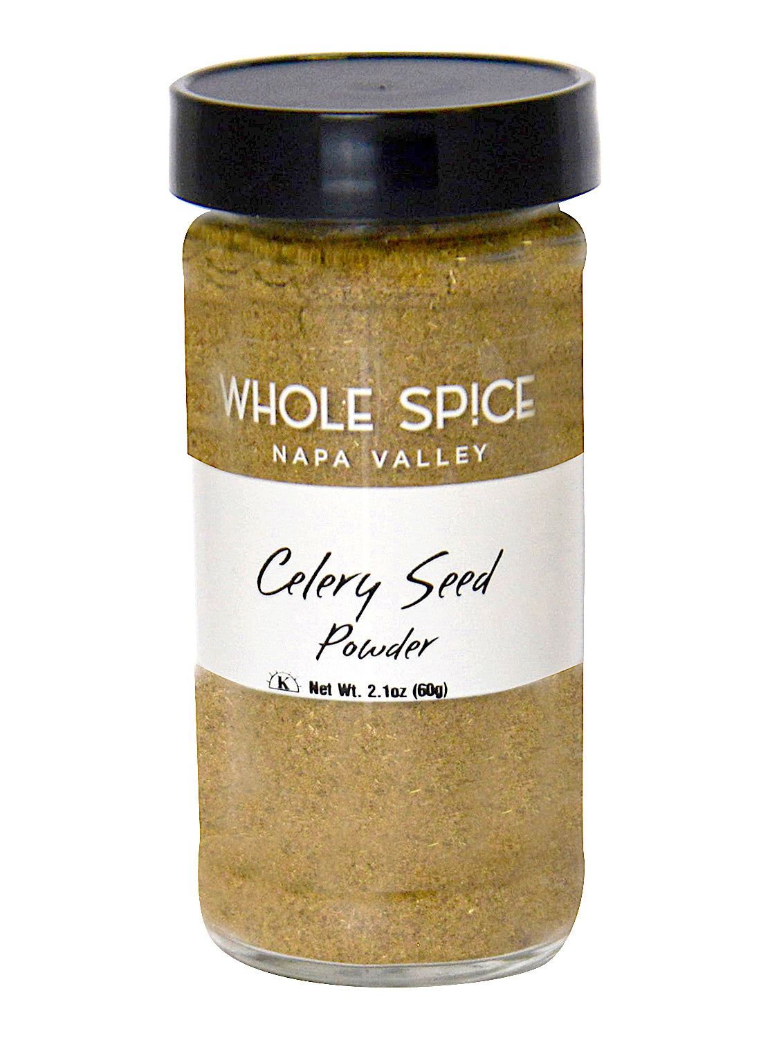 A clear glass jar with a black lid, labeled Whole Spice Inc. Celery Seed Powder, holds light brown powder—ideal for bold Mediterranean flavors. Net weight 2.1 oz (60g).