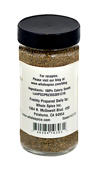 Whole Spice Inc. Celery Seeds come in a clear jar with a black lid and white label, containing 100% celery seed—perfect for Mediterranean dishes. The label lists Whole Spice Inc., Petaluma, CA as contact information.