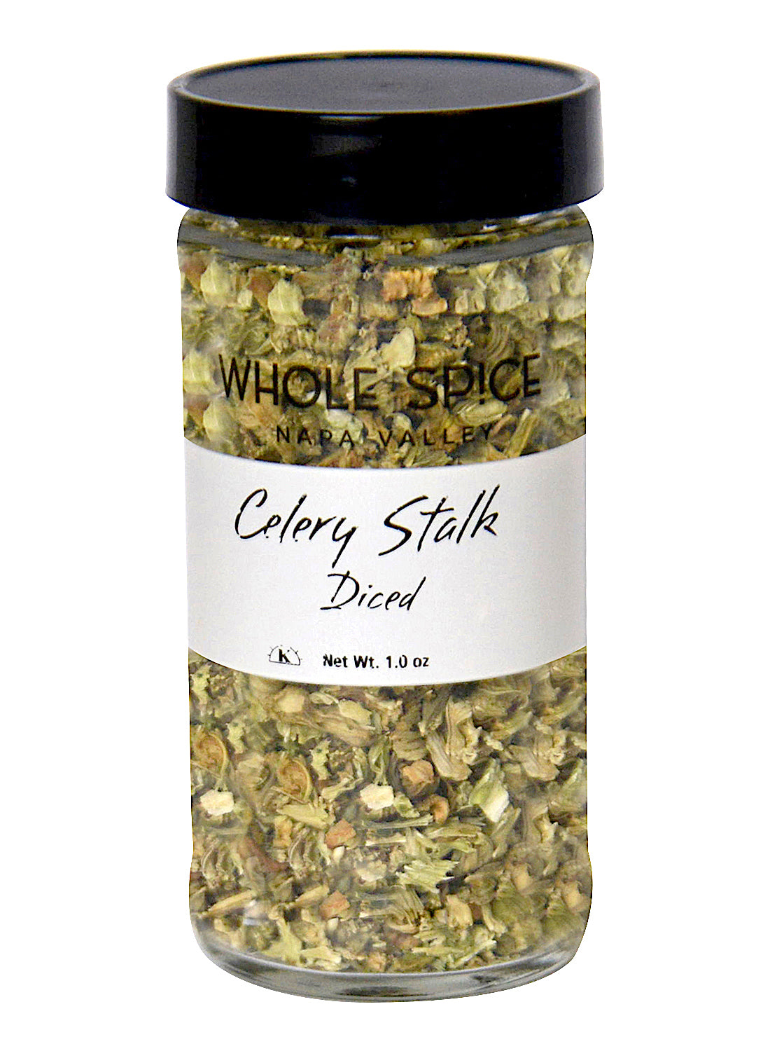 Whole Spice Inc. Celery Stalk Diced comes in a clear 1.0 oz glass jar with a black lid and white label, filled with dehydrated celery pieces—ideal for chicken noodle soup or boosting the flavor of vegetable juices.