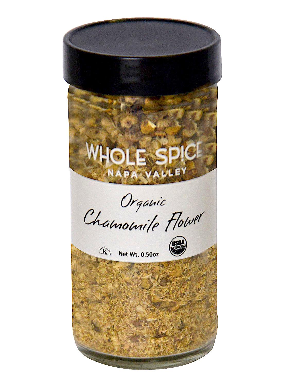 A 0.50 oz glass jar of Whole Spice Inc. Chamomile Flowers Organic features a black lid, white label, and USDA organic certification—ideal for brewing chamomile tea or using as an herbal remedy.