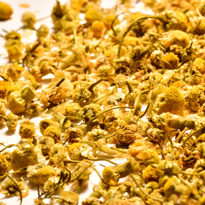 Close-up of Whole Spice Inc. Chamomile Flowers Organic—dried blossoms with small round petals and stems, ideal for a calming herbal remedy or soothing chamomile tea.