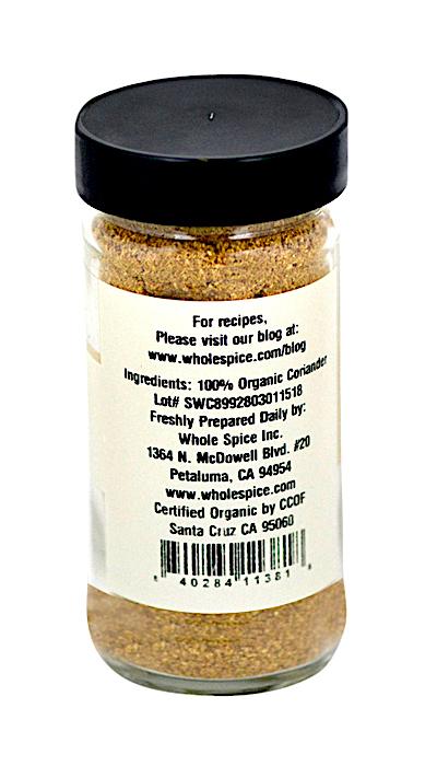 Whole Spice Inc. Coriander Powder Organic comes in a clear glass jar with a black lid. The label lists "100% Organic Coriander"—ideal for Thai curries, pickling, or any dish needing certified organic flavor.