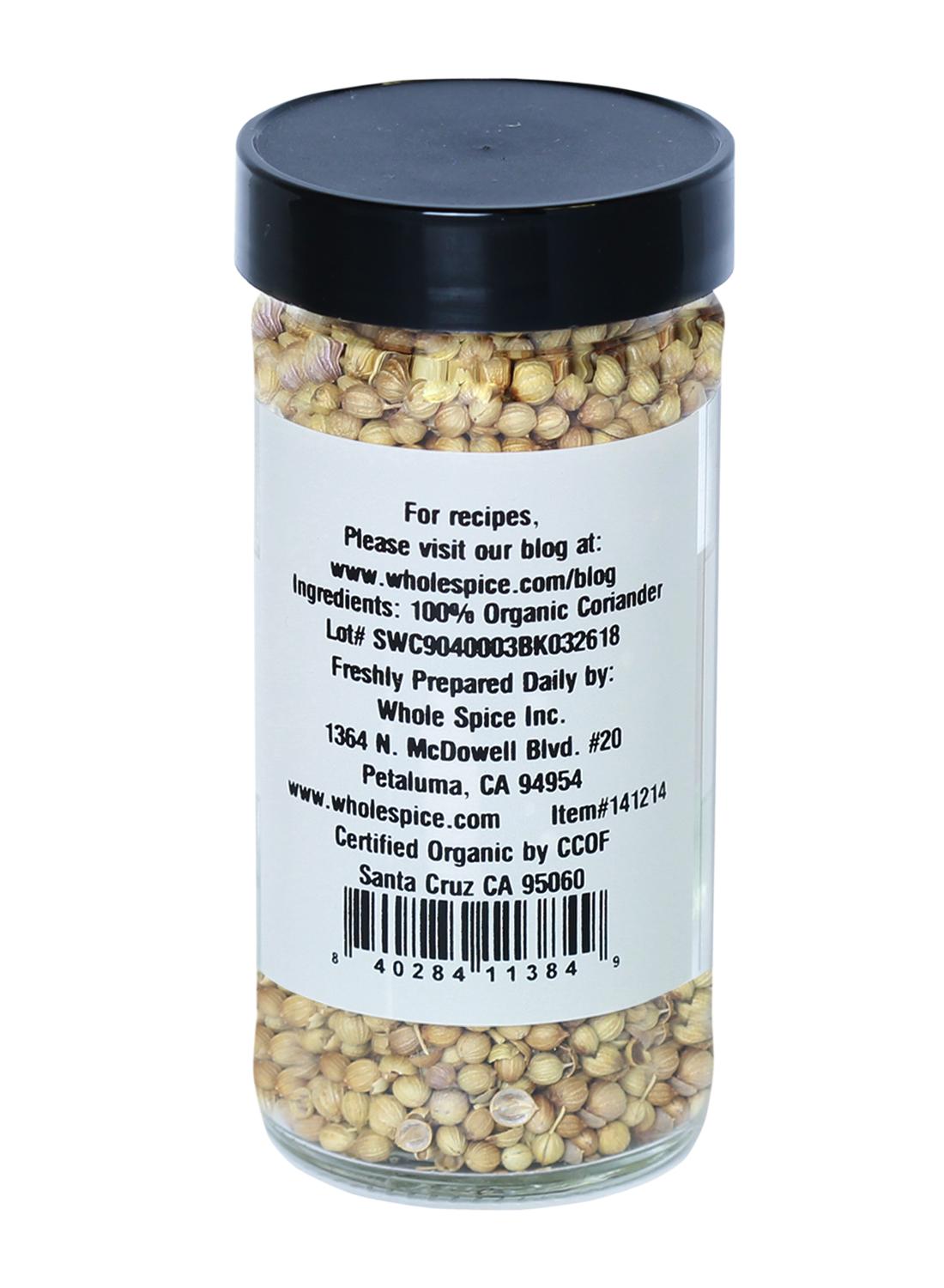 A jar of Coriander Seeds Organic from Whole Spice Inc.—ideal for blending into Thai curries or mixing with chickpeas and pickling spices.