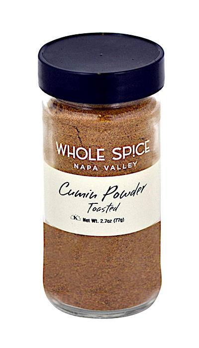 Whole Spice Inc. Cumin Powder Toasted comes in a 2.7 oz (77g) glass jar with black lid—finely ground toasted brown cumin seed, ideal for seasoning ras el hanout or garam masala.