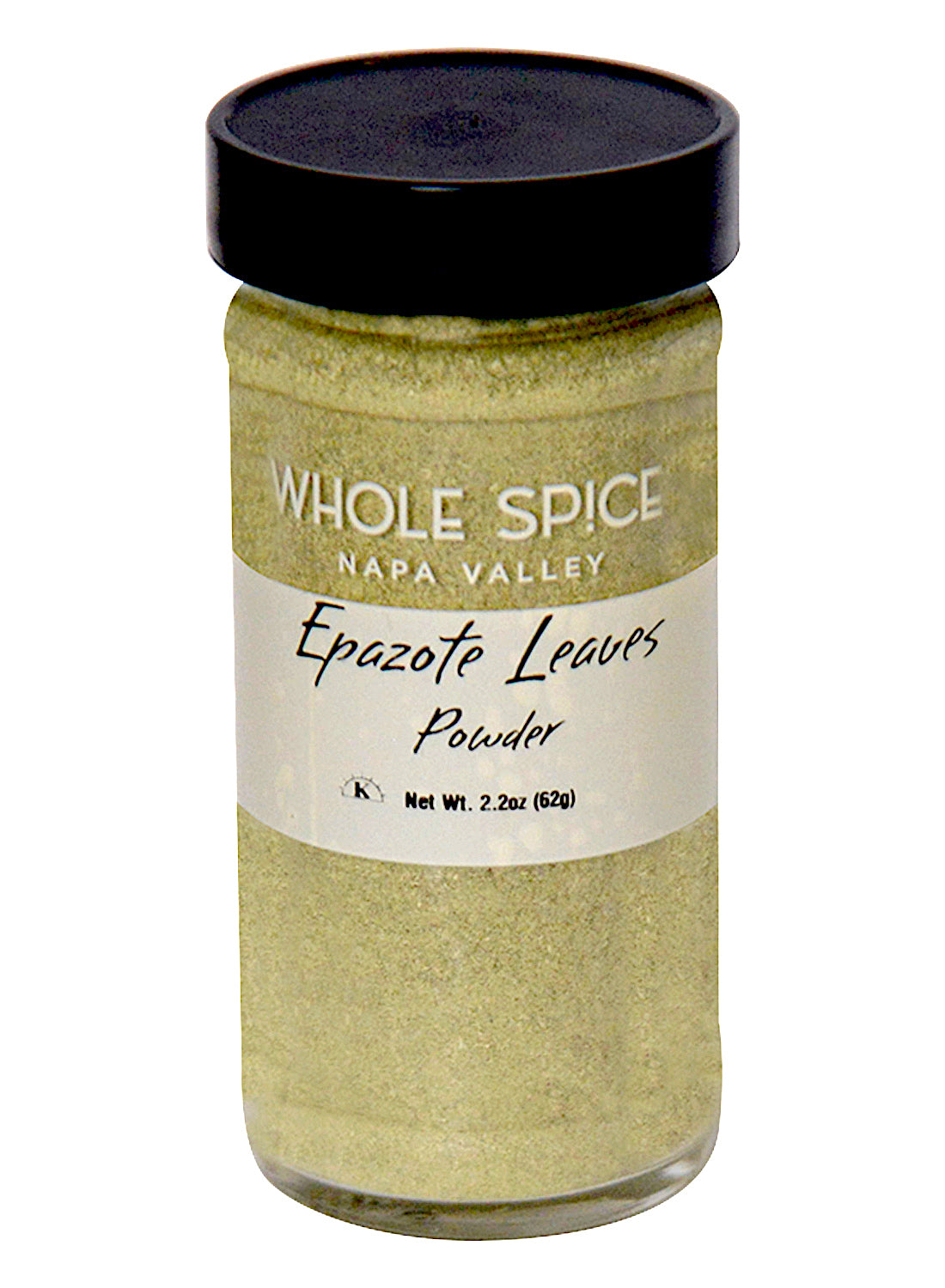 A glass jar of Whole Spice Inc. Epazote Powder with a black lid. The label shows the product name and net weight of 2.2 oz (62g). This dried herb is commonly added to herbal tea infusions and traditional recipes for extra flavor.