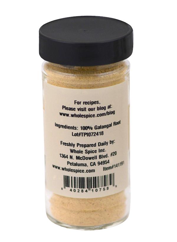 A bottle of Whole Spice Inc. Galangal Powder, made from ground galangal roots, ideal for adding authentic flavor to Thai Coconut Soup.