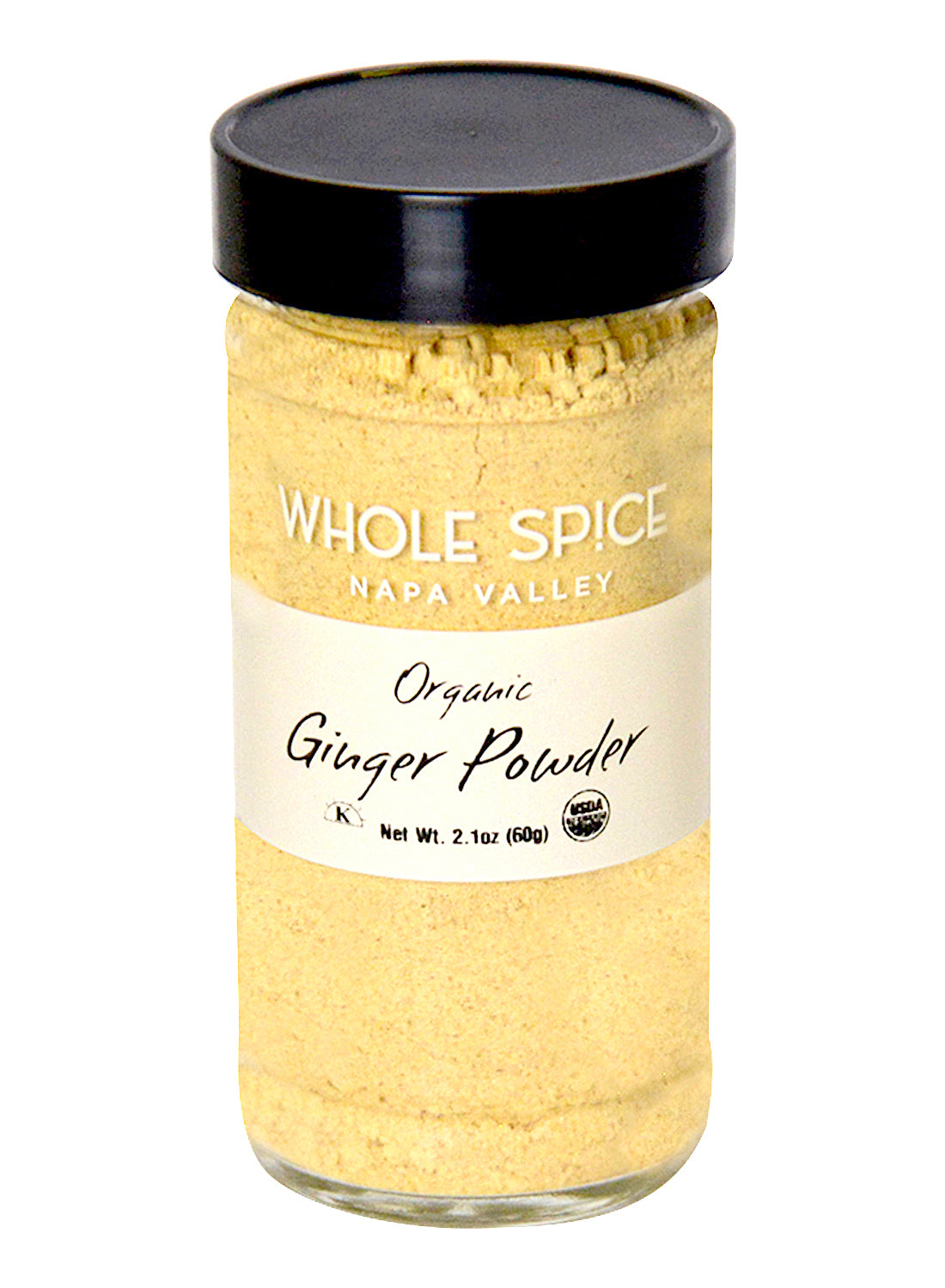 A clear glass jar with a black lid, labeled Whole Spice Inc. Ginger Powder Organic, contains light yellow ginger powder ideal for spice blends or Asian dishes. Net weight: 2.1 oz (60g).