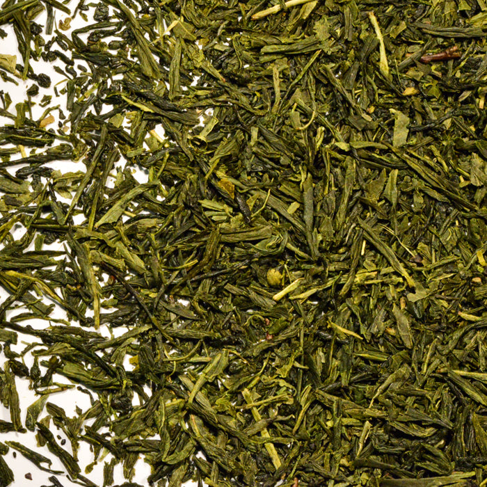 Close-up of Whole Spice Inc. Sencha Green Tea leaves, thin, flat, and slightly twisted, scattered on a white background. The dry leaves display a vibrant green color.
