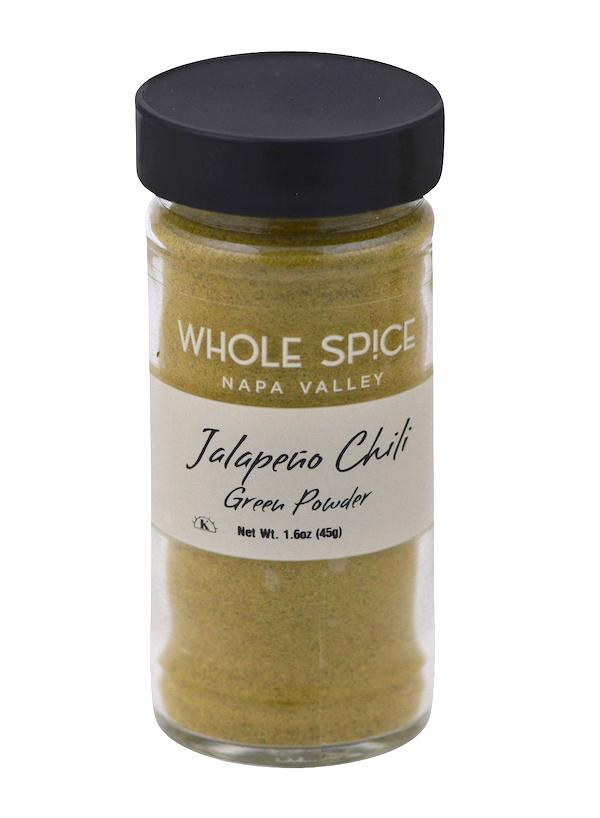 Jalapeño Green Chili Powder by Whole Spice Inc. is finely ground to deliver a bold chili pepper kick, perfect for spicing up your favorite dishes.
