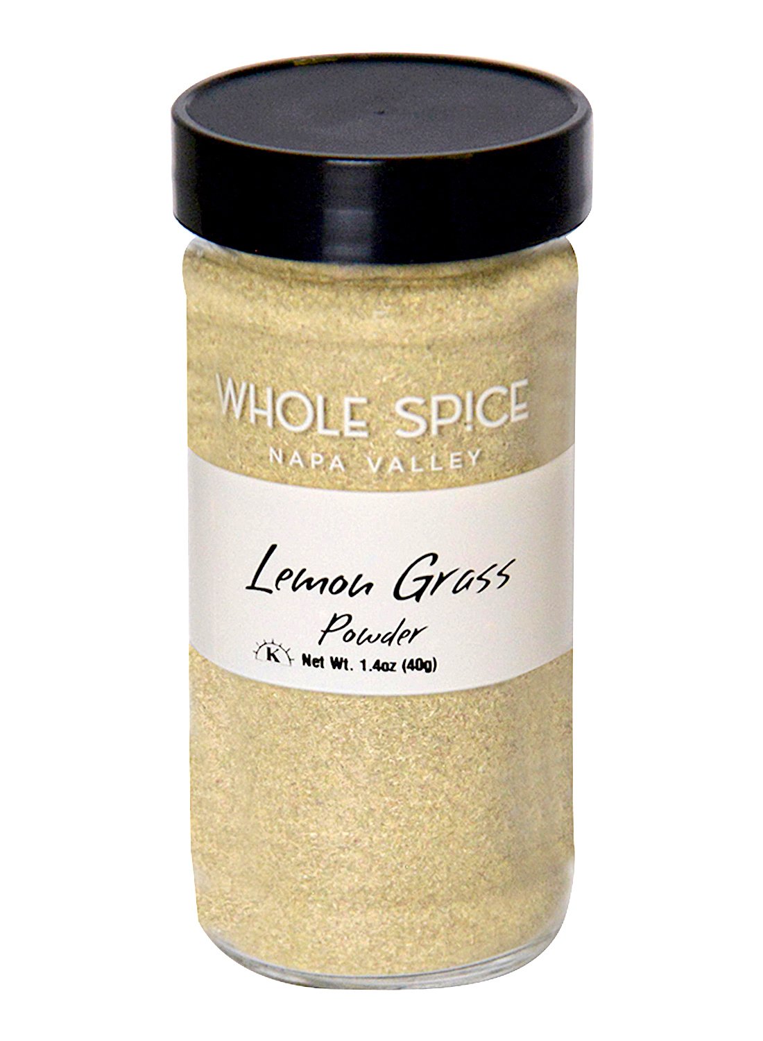 A clear glass jar with a black lid, labeled Whole Spice Inc. Lemon Grass Powder, holds 1.4 oz (40g) of light tan spice ideal for Thai and South Asian cooking.