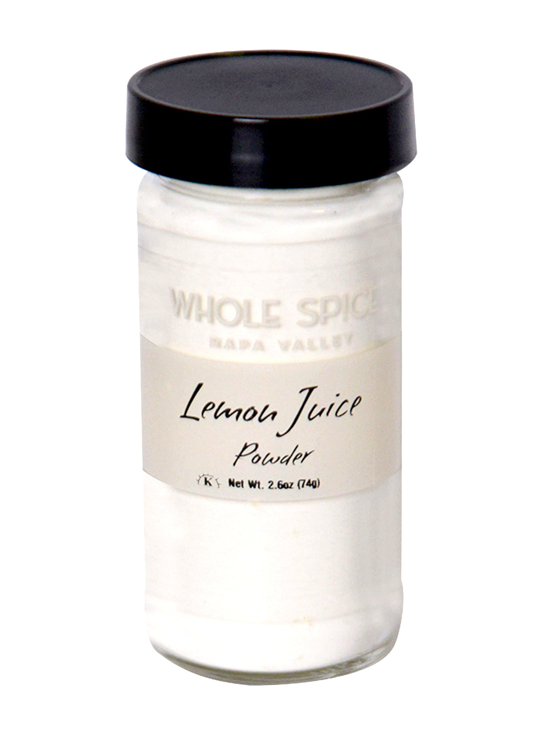 A 2.6 oz (74g) jar of white Lemon Juice Powder from Whole Spice Inc., featuring a black lid—a convenient lemon juice substitute for your kitchen.