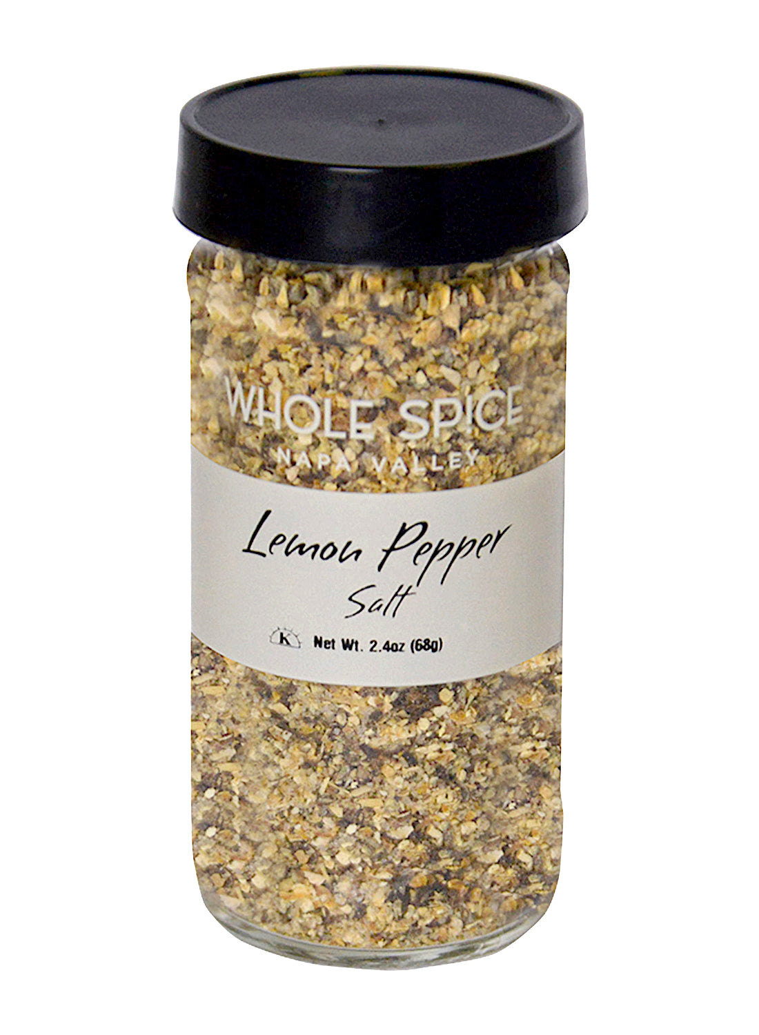 A clear glass jar with a black lid, labeled Whole Spice Inc. Lemon Pepper Salt, contains a coarse yellow and black lemon pepper seasoning blend. Net weight: 2.4 oz (68g).