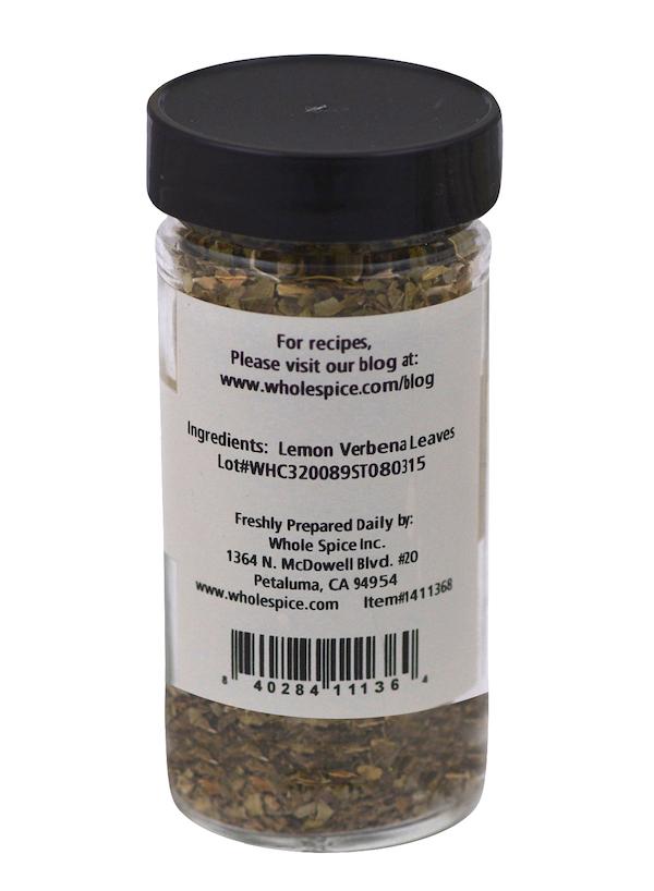 Lemon Verbena Leaves by Whole Spice Inc. come in a clear plastic jar with a black lid, filled with dried leaves—a natural aid for indigestion. The label includes ingredients, lot number, manufacturer info, and a recipe website.