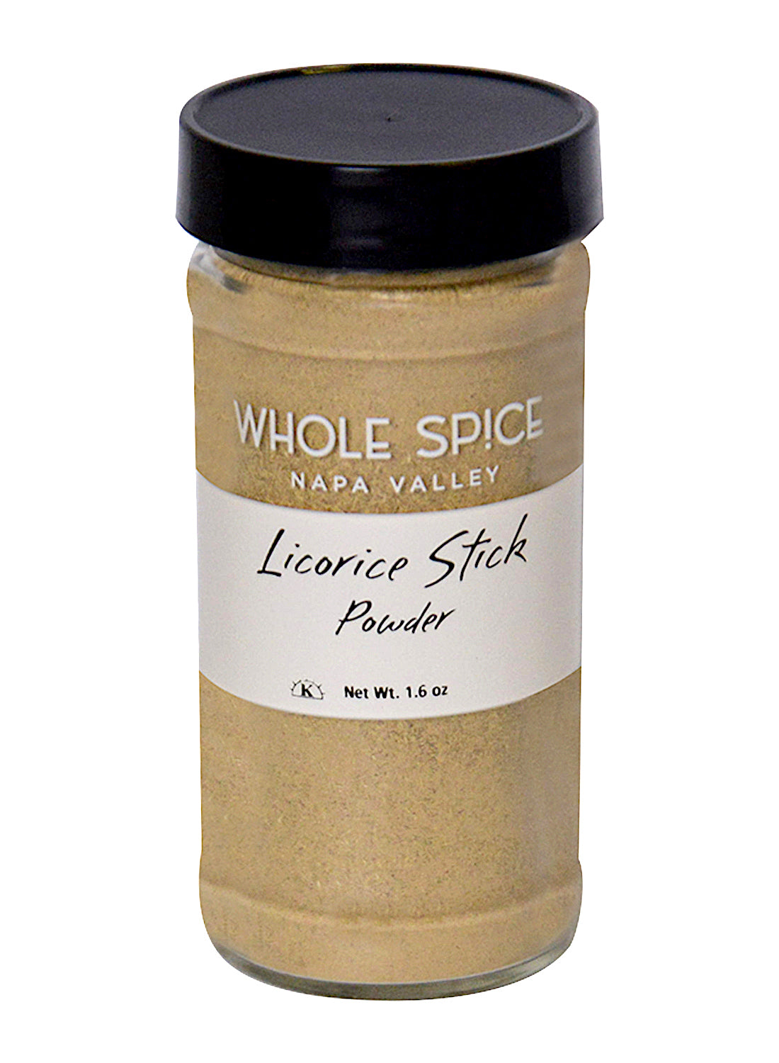 A glass jar with a black lid holds tan dried Licorice Stick Powder from Whole Spice Inc.; the label shows the product name and a net weight of 1.6 ounces.
