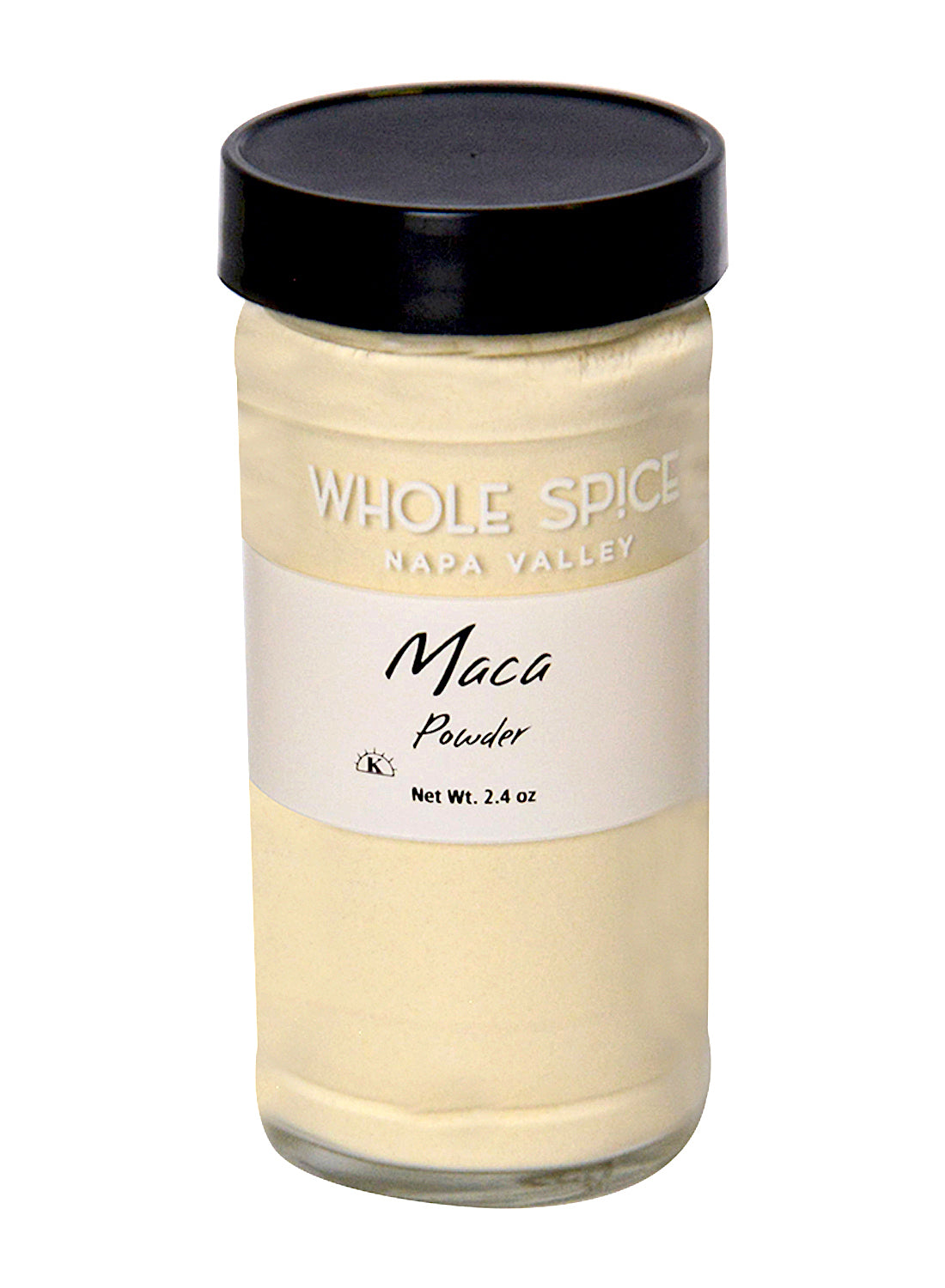 A clear glass jar with a black lid holds light yellow Maca Powder from Whole Spice Inc., a powerful superfood herb. The label shows "Maca Powder, Whole Spice Inc., Net Wt. 2.4 oz.