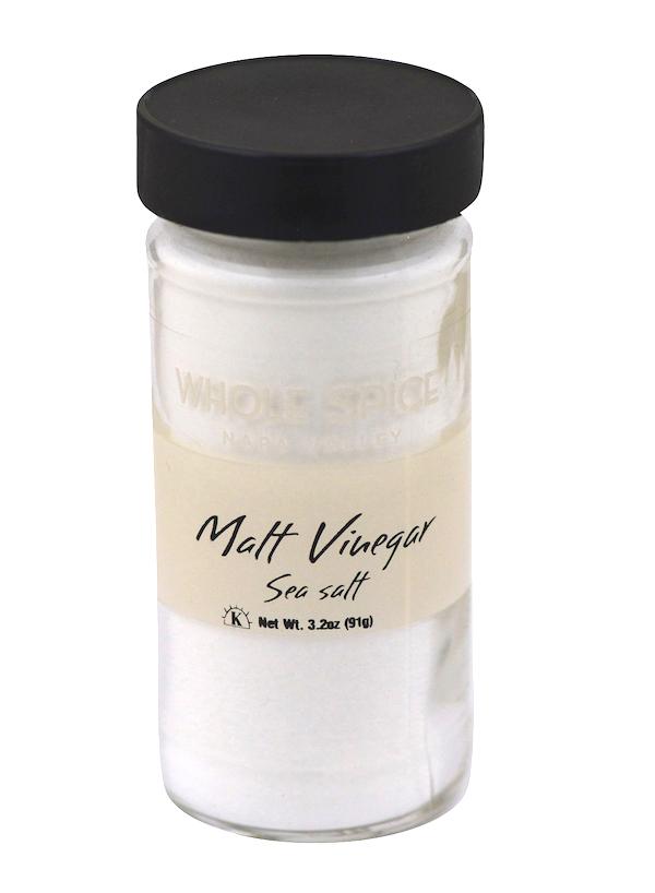 A 3.2 oz (91 g) glass jar of Malt Vinegar Sea Salt by Whole Spice Inc., featuring a black lid and label—ideal for seasoning fish and chips with white sea salt.