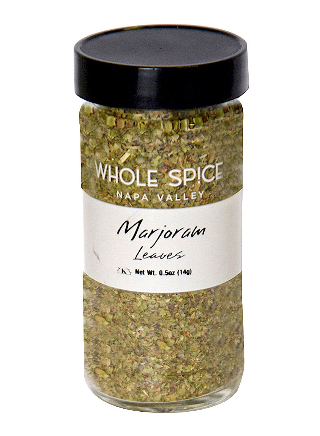 A glass jar of Whole Spice Inc. Marjoram Leaves with a black lid and white label featuring the product name and 0.5 oz (14g) net weight, offering premium marjoram spice for seasoning your dishes.