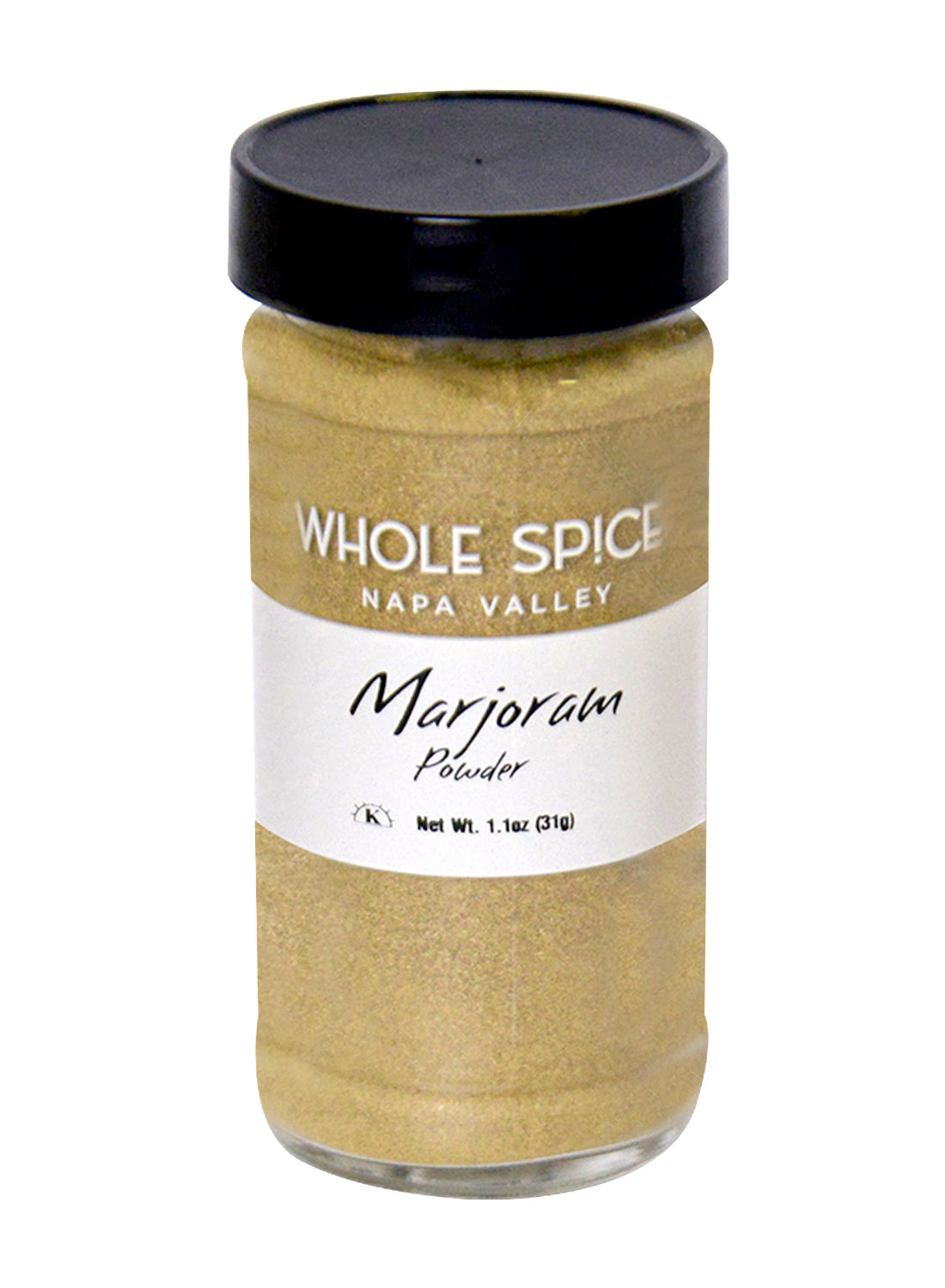 A 1.1 oz (31g) glass jar of Whole Spice Inc. Marjoram Powder with a black lid contains light brown marjoram spice, ideal for seasoning your favorite dishes.