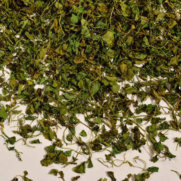 Whole Spice Inc. Methi Leaves, also known as dried fenugreek leaves, are scattered on a white surface, showing their delicate texture and thin stems. They’re often used to add rich flavor to Indian dishes.