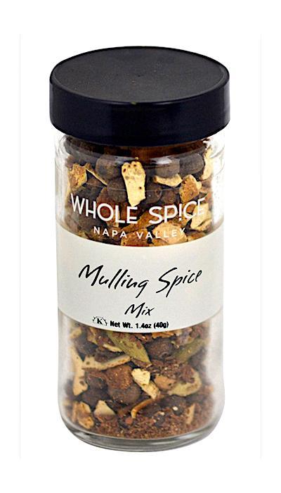A clear jar with a black lid, labeled Whole Spice Inc. Mulling Spices, contains a traditional blend of dried spices and fruit for mulled wine. Net weight: 1.4 oz (40g).